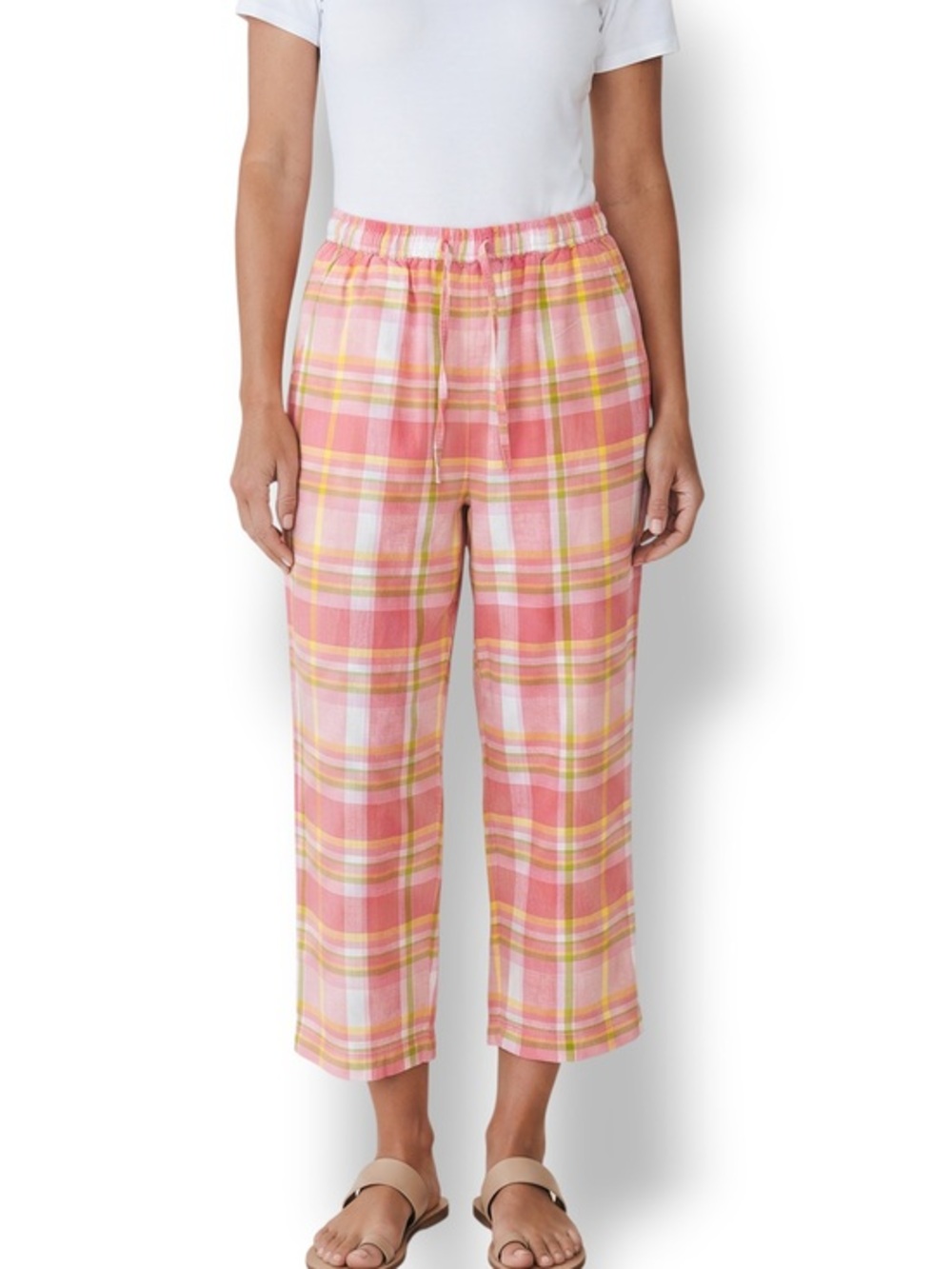 4/$20 Erika Pink Plaid Linen Blend Cropped Capri Pants Women’s Medium